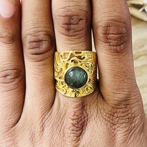 High Selling <b>Labradorite</b> Statement <b>Ring</b> Boho Filigree Floral Brass Jewelry For Women’s 18k Gold Plated Floral Band Wholesale - Product Image 4