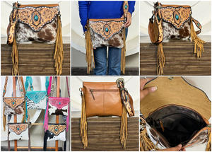 Nuevo Bolso Bandolera de Cuero Vacuno con Diseño Western, Flecos Largos y Piedra Turquesa, Estilo Boho Cowgirl para Mujer - Product Image 3