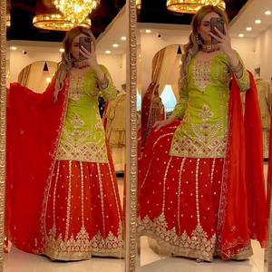 Lime <b>Green</b> Red Chinnon <b>Silk</b> Embroidered Sharara Suit with Dupatta for Women Winter Wedding Party Wear Stretchable Modern Design - Product Image 3