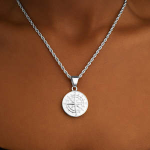 Stainless Steel <b>Compass</b> Pendant <b>Necklace</b> | Silver <b>Compass</b> Medallion with Rope Chain | Minimalist Navigation Charm <b>Necklace</b> - Product Image 1