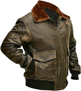 Chaqueta de Cuero Genuino para Hombre, Estilo Aviador, Color Marrón Desgastado, con Cuello Alto y Cierre de Cremallera, Estilo Motero para Invierno - Product Image 2
