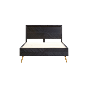 Cama contemporánea con plataforma de madera, cabecero geométrico con diseño de chevron, piecera a juego y patas elevadas para decoración de dormitorios modernos - Product Image 1