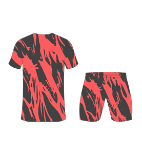 Conjunto de uniforme de fútbol sublimado personalizado para hombre con camiseta con estampado de salpicaduras de pintura roja y gris oscuro y pantalones cortos a juego - Product Image 3