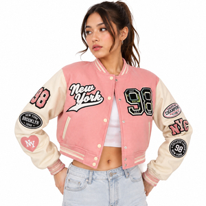 Veste de baseball universitaire personnalisée pour femme, coupe courte, en laine, avec patchs en chenille, style Letterman, manches en cuir véritable - Product Image 5