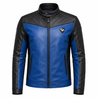 Blouson Moto Homme en Cuir et Toile Bleu Noir, Col Montant, Logo Frontal, Fermeture Éclair, Coupe Slim, Coupe-Vent, Idéal Hiver