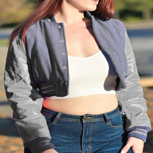 Womens Varsity Crop <b>Jacket</b> Grey <b>Silver</b> Letterman Style Bomber Coat Faux Leather Sleeves Casual Outerwear Ladies Fashion Street - Product Image 2