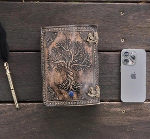 Tree Life Leather Journal Handmade Vintage A5 Notebook <b>Sewing</b> Bound Gift 2 Color Choices 220 Vintage Paper Brass Locks - Product Image 5