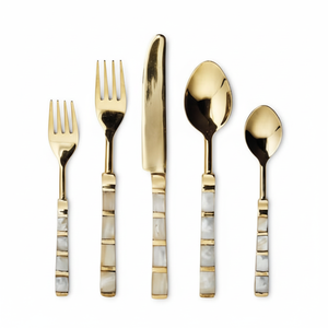 Ensemble de couverts avec manche rond en bois et résine, couverts en acier inoxydable plaqué or, couteau et fourchette écologiques pour la restauration - Product Image 5