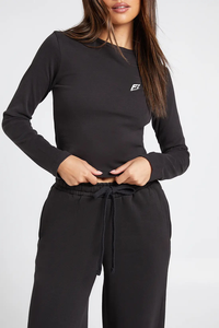 Sweat-shirt en coton tricoté noir à manches longues pour femme avec logo frontal, col rond, haut décontracté, couleur unie, respirant, pour l'automne - Product Image 2