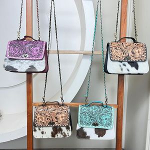Sac à bandoulière en cuir de vachette fait main avec sculpture florale et chaîne, style western, sac à main pour femme - Product Image 4
