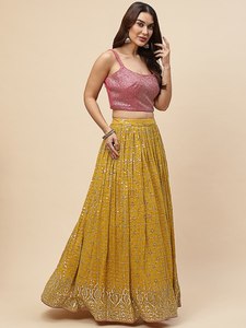 <b>Sequin</b> Embroidered Lehenga Set Pink <b>Crop</b> <b>Top</b> Pleated Maxi Skirt Wedding Festival Dress - Product Image 1