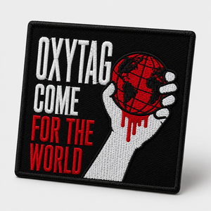 Patch brodé Oxytag Come For The World, carré, thermocollant, avec motif globe, texte rouge et blanc sur fond noir - Product Image 1
