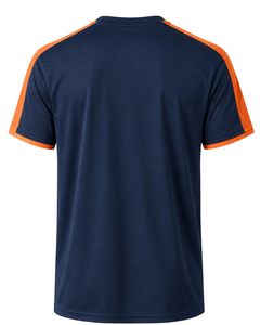 Camiseta deportiva para hombre, personalizada por el fabricante, en azul marino y naranja, de secado rápido, transpirable, para gimnasio, correr, fitness, atlética, de poliéster. - Product Image 2