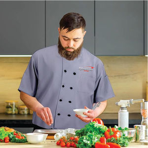 Découvrez la veste de chef à manches courtes Impex en polyester et coton, uniforme de restaurant unisexe, fermeture à boutons, tissu tissé - Product Image 6