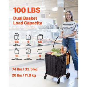 Carrito de Compras Plegable de Doble Cesta con Forro Impermeable, Gran Capacidad de Carga de 100 LBS, con Ruedas, para Camping y Lavandería - Product Image 2