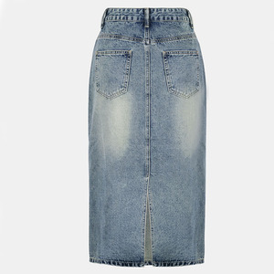 Jupe en jean mi-longue vintage pour femme, nouvelle collection 2025, style rétro, taille haute, coupe droite ajustée, technique délavée, printemps-automne - Product Image 1