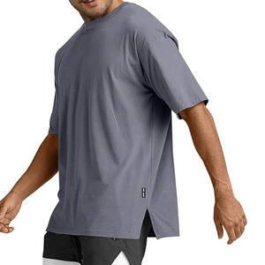 T-shirt décontracté gris en coton à manches courtes pour homme, col rond, coupe classique, en jersey uni respirant, couleur unie - Product Image 1