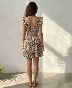 Conjunto de 2 Piezas con Estampado de Leopardo, Top Corto Transpirable 100% Algodón y Falda con Volantes, Ropa Urbana Moderna y Linda para Primavera - Product Image 2