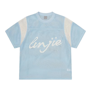 Camiseta de malla con bloques de color personalizados para hombre, manga corta, 100% poliéster, secado rápido, estilo urbano, camiseta de fútbol con paneles de malla abierta - Product Image 3