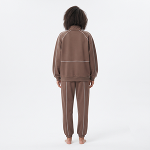 Women's 100% Polyester Half Zip Oversized Sweatshirt Solid Color <b>White</b> Piping <b>Jogger</b> Tracksuit Casual Sportswear Set - Product Image 2