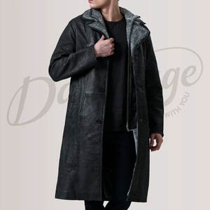 Manteau long en cuir véritable noir pour homme avec doublure en fourrure grise, chaud pour l'hiver, coupe ajustée, en peau de mouton - Product Image 6