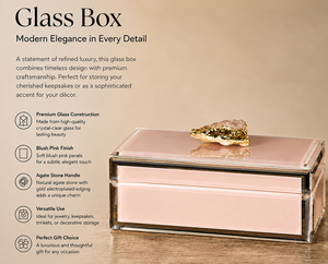 Blush <b>Pink</b> Glass Jewelry Storage Box with Natural Agate Handle Gold Accent Crystal Clear Edges Decorative Keepsake Organizer - Product Image 5