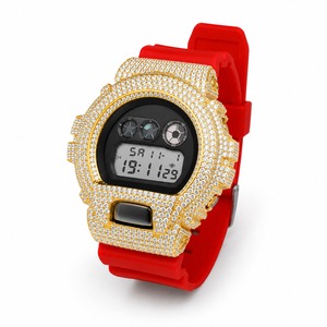 Luxury Digital <b>Watch</b> With Rhinestone Yellow Gold Case Red Silicone Band Unisex Square Dial - Product Image 5