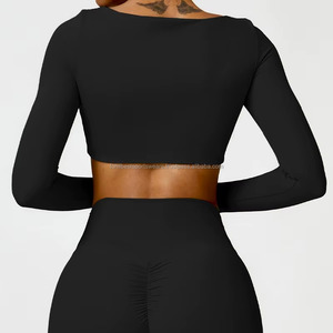 FONILBEST Women Yoga 2 Piece Set Front Pink Square Neck Long Sleeve <b>Crop</b> <b>Top</b> Solid Color Spandex/Polyester Sportswear Fashion - Product Image 3