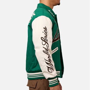 Veste varsity pour homme, verte et blanche, coupe-vent, 100% polyester, logo brodé, col rabattu, style décontracté pour l'hiver - Product Image 6