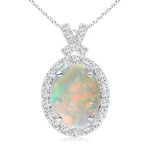 Top Quality Most 14K Solid Gold IGI Certified Natural 0.4 Ctw <b>Opal</b> & 0.2 Ctw Diamond Bowknot Style Pendant Link Chain <b>Necklace</b> - Product Image 1