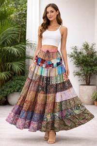 Wholesale Bohemian Tiered <b>Patchwork</b> <b>Skirts</b> Saree Silk Breathable Ankle-Length Colorful Fairy Core Exotic Long Floaty Stripped - Product Image 3
