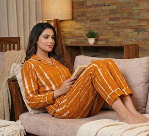 Ensemble de pyjama thermique pour femmes, tissé, 100% coton, couleur orange, imprimé dessiné à la main, dernière collection d'été, ensemble de pyjama pour femmes - Product Image 4