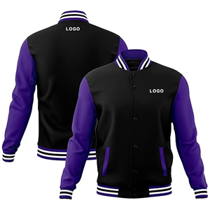 Blouson universitaire noir et violet pour homme, coupe droite, col rabattable, fermeture boutonnée, blocs de couleur, logo frontal, tenue décontractée pour l'automne - Product Image 1