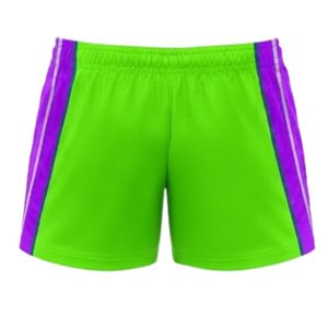 Unisex Neon Green Purple Sublimated Netball Shorts Polyester Lightweight <b>Athletic</b> Sports Wear Side Stripe Panel Team Training - Product Image 2