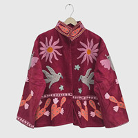 Veste à col mandarin brodée à la main avec motifs floraux, manches longues, taille plus, vêtements d'automne pour adultes, en coton corduroy