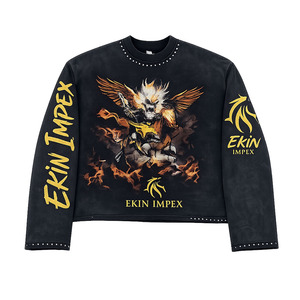 Sudadera Corta Vintage Lavada para Hombre con Estampado Gráfico de Calavera, Estilo Urbano, Cuello Redondo, Oversize, de Algodón, Manga Larga - Product Image 1