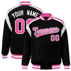 Chaquetas universitarias personalizadas con el nombre del equipo y el número del jugador en un degradado bicolor llamativo para aficionados al deporte. - Product Image 1