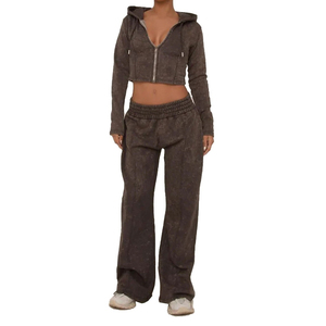 Women Winter Solid Casual 100% Cotton Acid Wash 2-Piece Tracksuit <b>Cropped</b> <b>Zip</b>-<b>Up</b> Hoodie and Wide-Leg Pants Lounge Set - Product Image 2