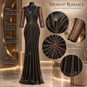 Schwarzes und goldenes Meerjungfrauen-Abendkleid mit metallischer Sternenstickerei |   Bodenlange formelle Partykleider mit Dreiviertelärmeln - Product Image 5