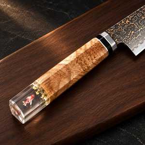 Cuchillo de chef de acero de Damasco de 8 pulgadas con punta caída y borde biselado, mango de madera con incrustaciones de resina, cuchillo de cocina - Product Image 4