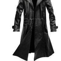 Nouveau design, long manteau en cuir uni, élégant, coupe slim, coupe-vent, en cuir véritable pour homme