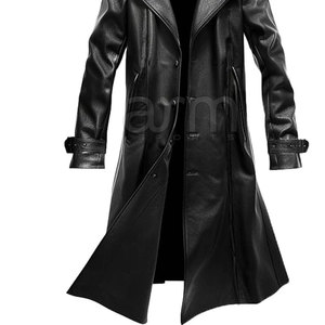 New Design Long Plain Leather Fashion Men Slim Windproof Long Coat Genuine Leather Men Leather Long Coat - Product Image 3