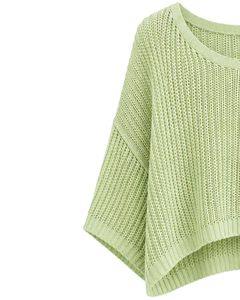 Pull court en maille vert clair pour femme, coupe ample, manches courtes, léger et respirant, idéal pour l'été, style décontracté et tendance - Product Image 3