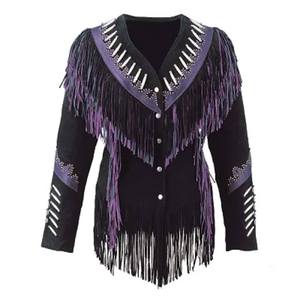 Women's Black Purple <b>Fringed</b> Genuine Leather Motorcycle <b>Jacket</b> V-Neck Long Sleeve Beaded Decor Winter Windproof Eco-Friendly - Product Image 1