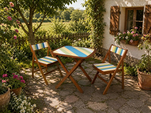 Modern Foldable Wood <b>Garden</b> Set With Striped <b>Table</b> <b>And</b> <b>Chairs</b> Outdoor Furniture For <b>2</b> Seating Capacity - Product Image 5