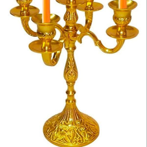 Candélabre de luxe en métal plaqué or à 5 bras avec cristaux, style antique, incassable et durable, pour mariage - Product Image 1