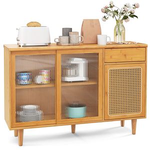 Credenza in Teak e Bambù per Soggiorno con Ante Scorrevoli in Rattan, Cassetto Estraibile e Base in Legno di Gomma - Product Image 1