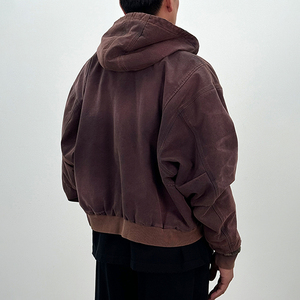 Veste à capuche zippée pour homme, coupe droite, en tissu délavé, avec logo tissé sur le devant, 430g, couleur unie, style streetwear décontracté - Product Image 3