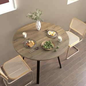 Modern 35.43 Inch <b>Round</b> Dining <b>Table</b> <b>Small</b> Kitchen <b>Table</b> with Metal Black Legs for 2-4 People Brown Finish for the Dining Room - Product Image 5