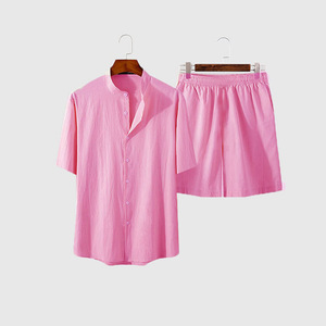 Ensemble deux pièces décontracté en coton et lin pour homme, grande taille, coupe ajustée, avec short à manches longues, en tissu jersey, tenue d'intérieur - Product Image 6